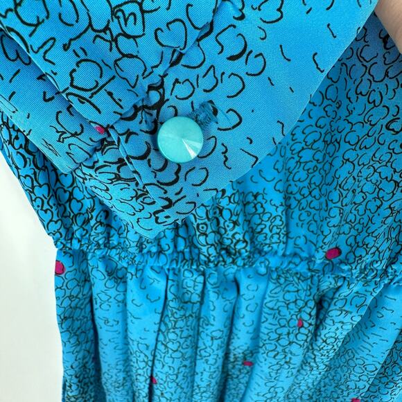 80s Vintage Dress Womens Medium Blue Midi Pleated Turquoise Pink Retro - Picture 7 of 9
